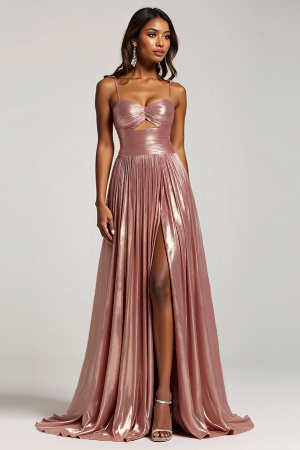 Sparkly Dusty Rose A Line Metallic Pleated Keyhole Long Prom Dress with Slit