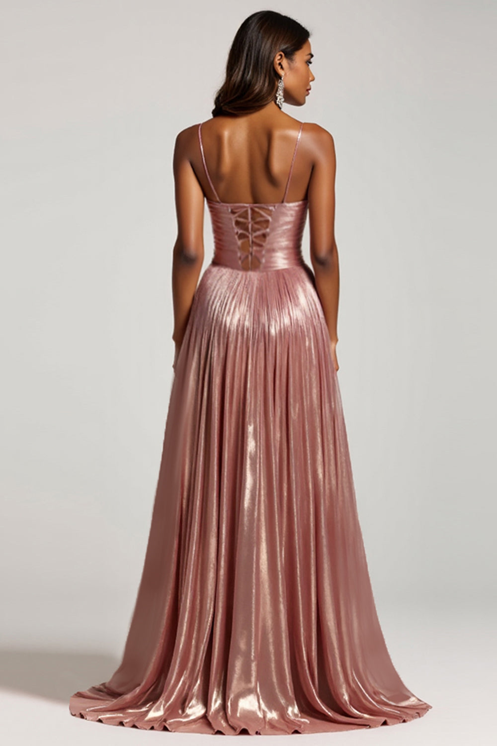 Sparkly Dusty Rose A Line Metallic Pleated Keyhole Long Prom Dress with Slit