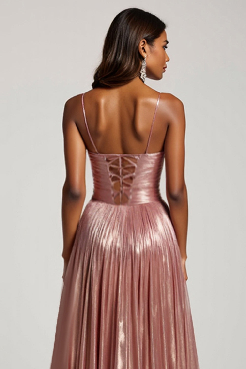 Sparkly Dusty Rose A Line Metallic Pleated Keyhole Long Prom Dress with Slit