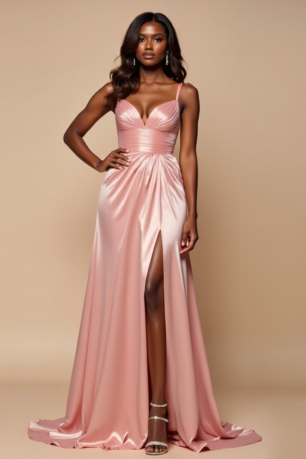 Blush Pink Sparkly A Line Satin Ruched Long Prom Dress with Slit