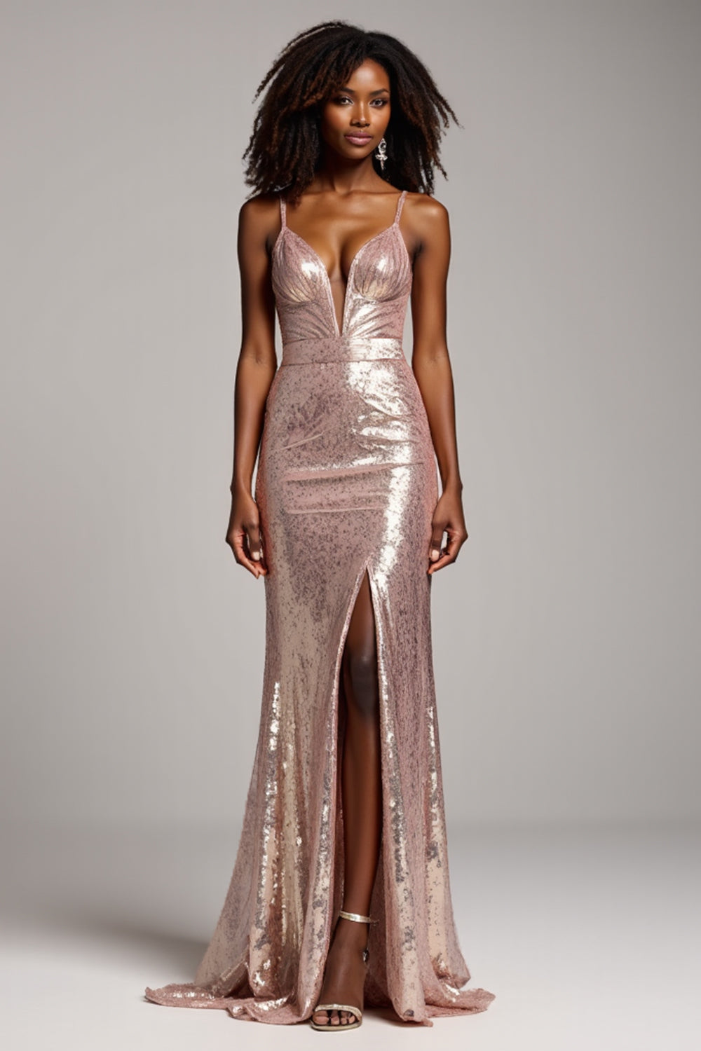 Dusty Rose Sheath Sparkly Satin Deep V-Neck Long Prom Dress with Sequins