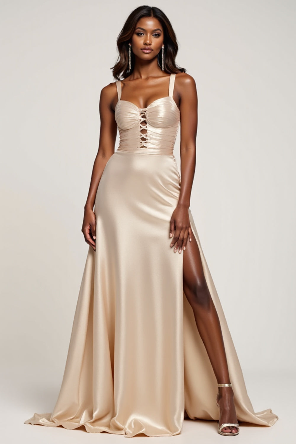 Champagne A Line Sparkly Sweetheart Satin Long Prom Dress with Slit