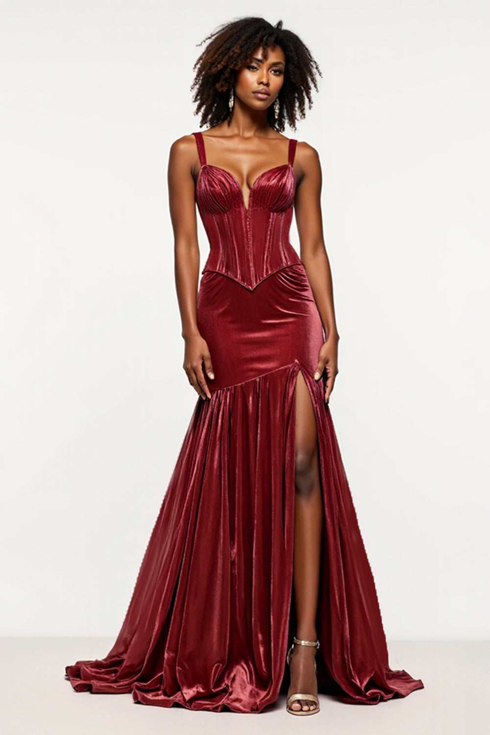 Mermaid Velvet Corset Burgundy Long Prom Dress with Slit
