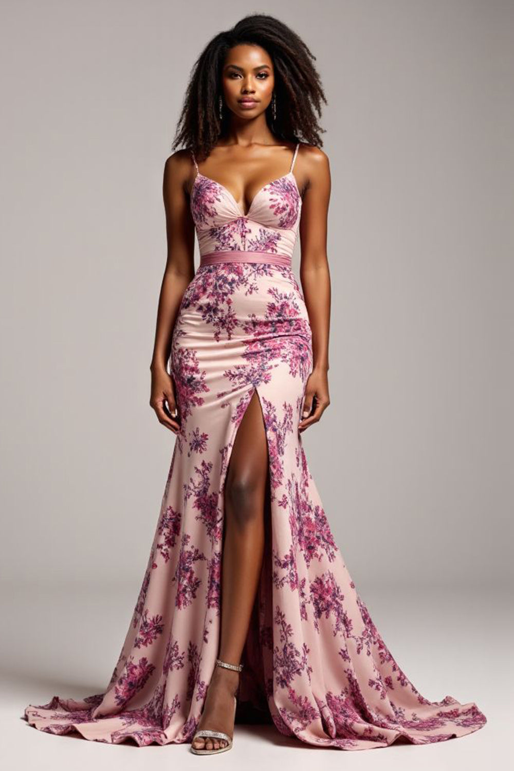 Mermaid Satin Blush Flower V-Neck Long Prom Dress with Slit