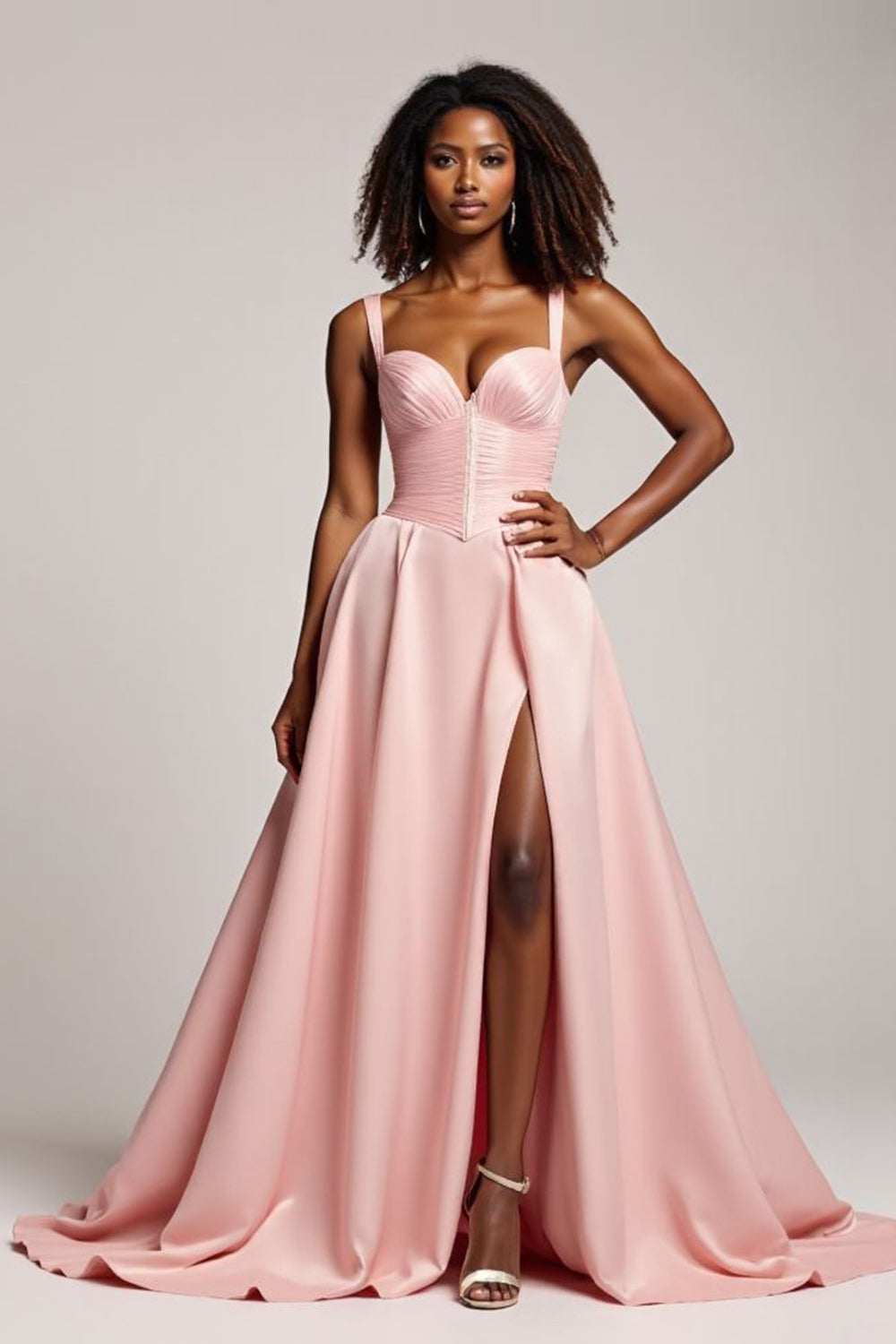 Blush Pink Corset A Line Satin V-Neck Long Prom Dress with Slit
