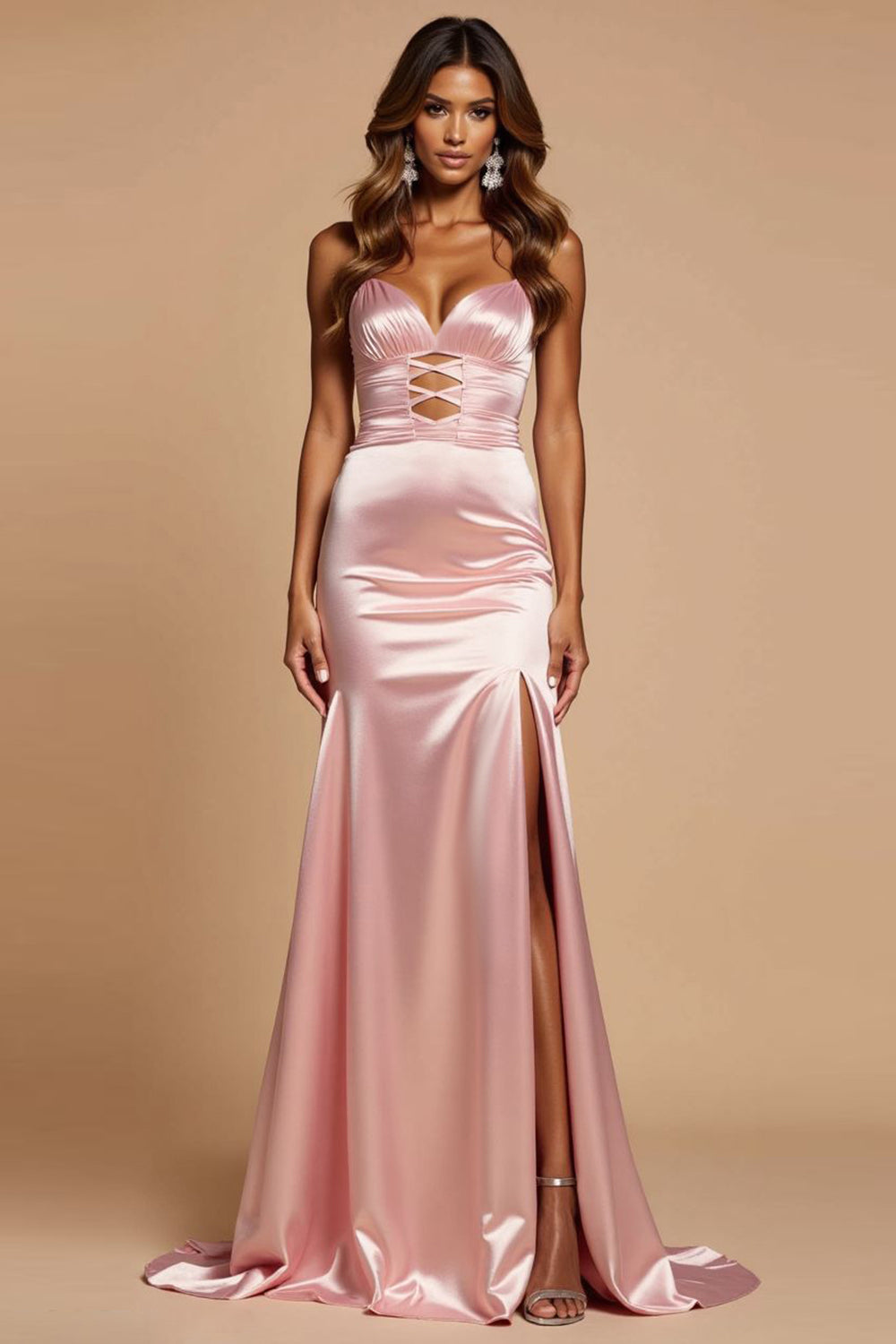 Mermaid Satin Blush Pink V-Neck Long Prom Dress with Slit
