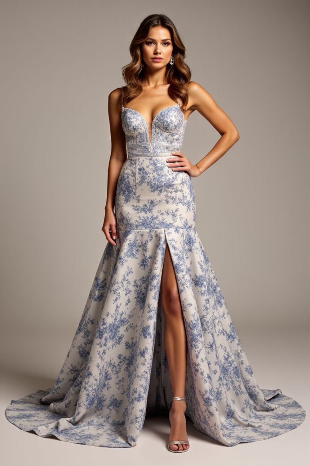 Mermaid Satin Blue Flower V-Neck Long Prom Dress with Slit