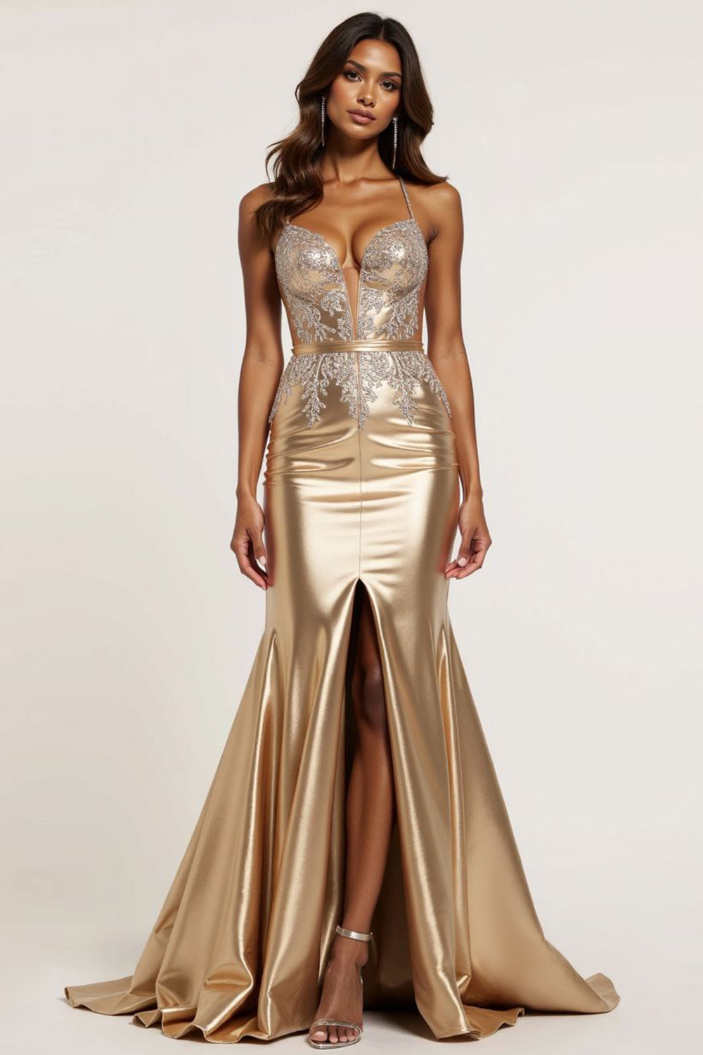 Mermaid Appliqued Metallic Golden Long Prom Dress with Slit