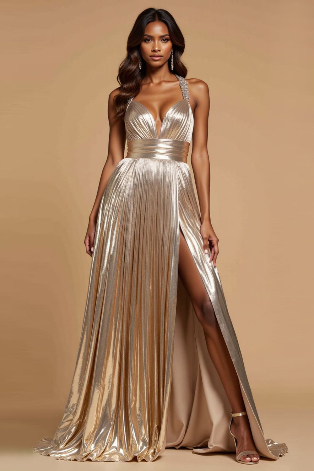 Pleated V-Neck Metallic Golden A Line Long Prom Dress with Beading