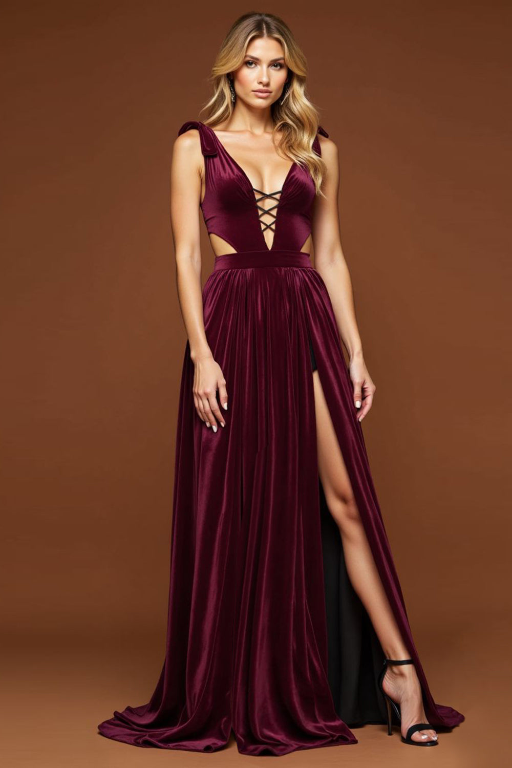 Velvet Pleated Purple A Line Cut-Out Deep V-Neck Long Prom Dress with Slit
