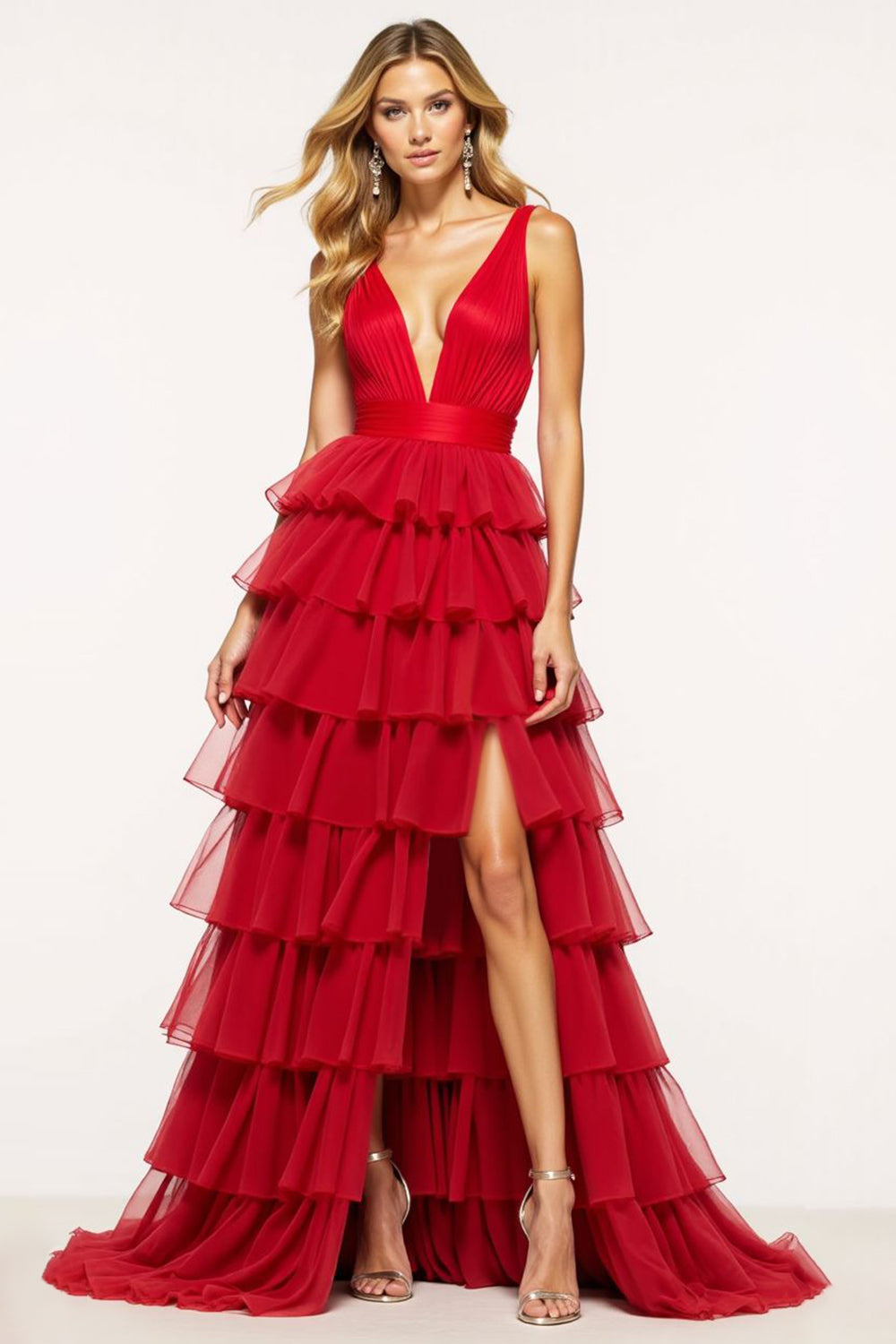 Tulle Deep V-Neck Red A Line Long Tiered Prom Dress with Slit