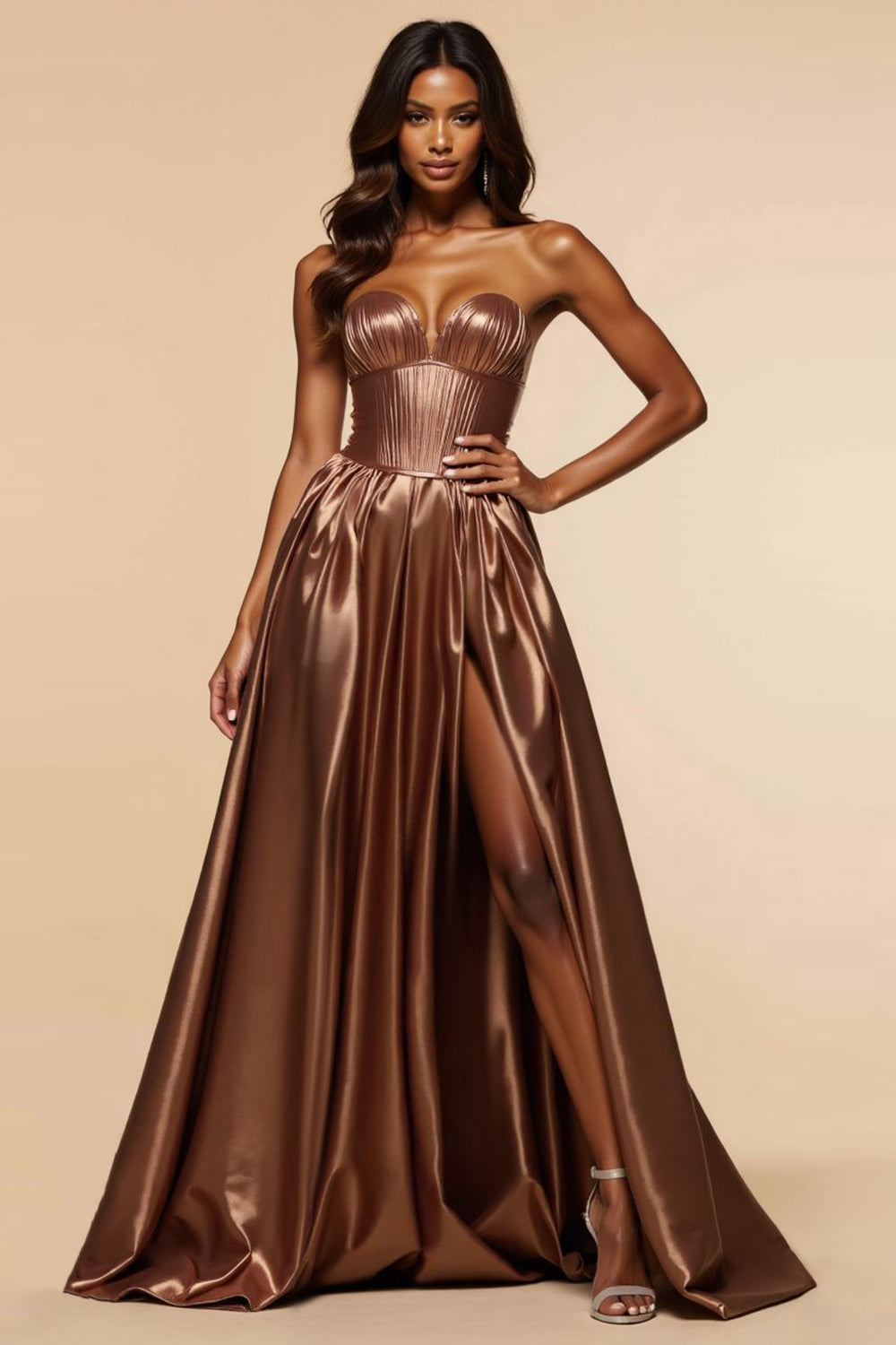 A Line Satin Corset Brown Sweetheart Long Prom Dress with Silt