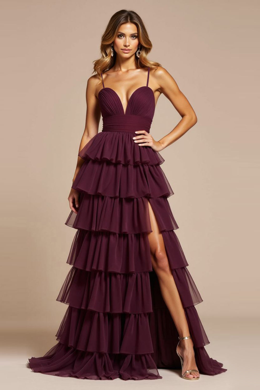 A Line Tiered Purple V-Neck Long Tulle Prom Dress with Slit