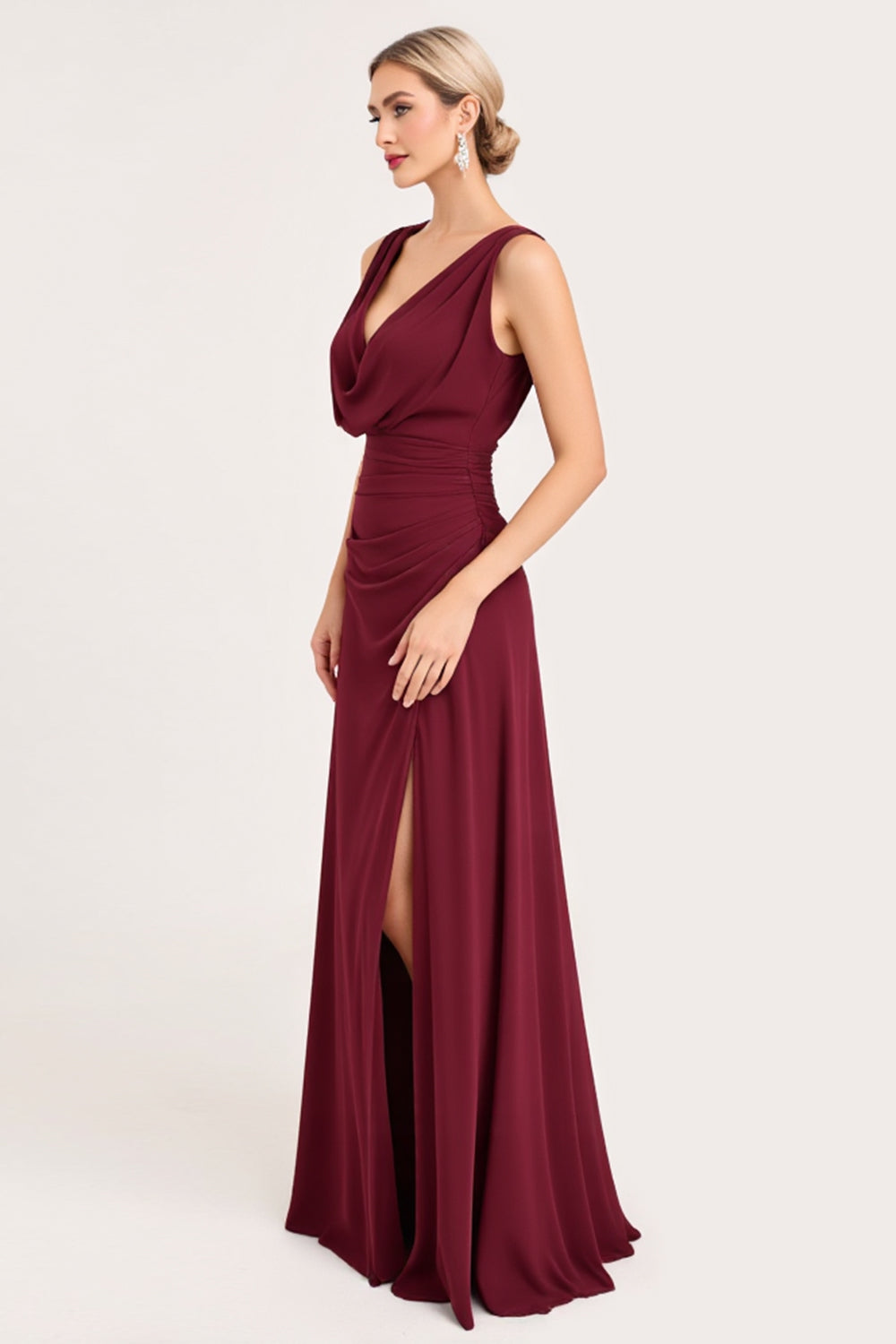 Chiffon V-Neck Burgundy A Line Long Bridesmaid Dress with Slit