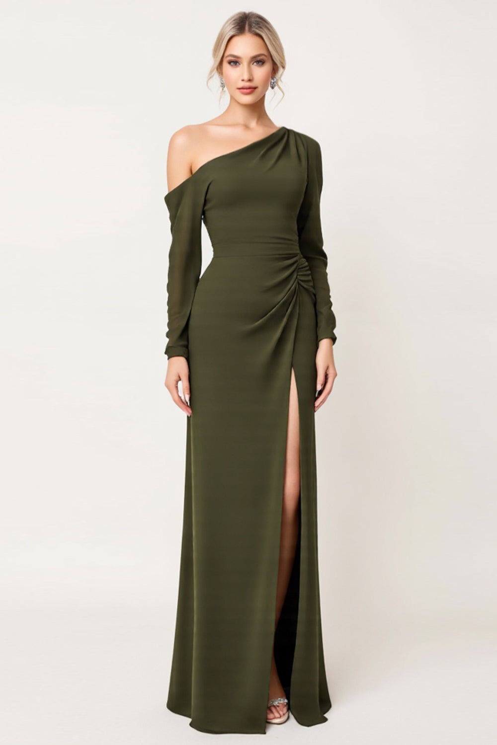 Chiffon One Shoulder Olive Sheath Long Bridesmaid Dress with Sleeves