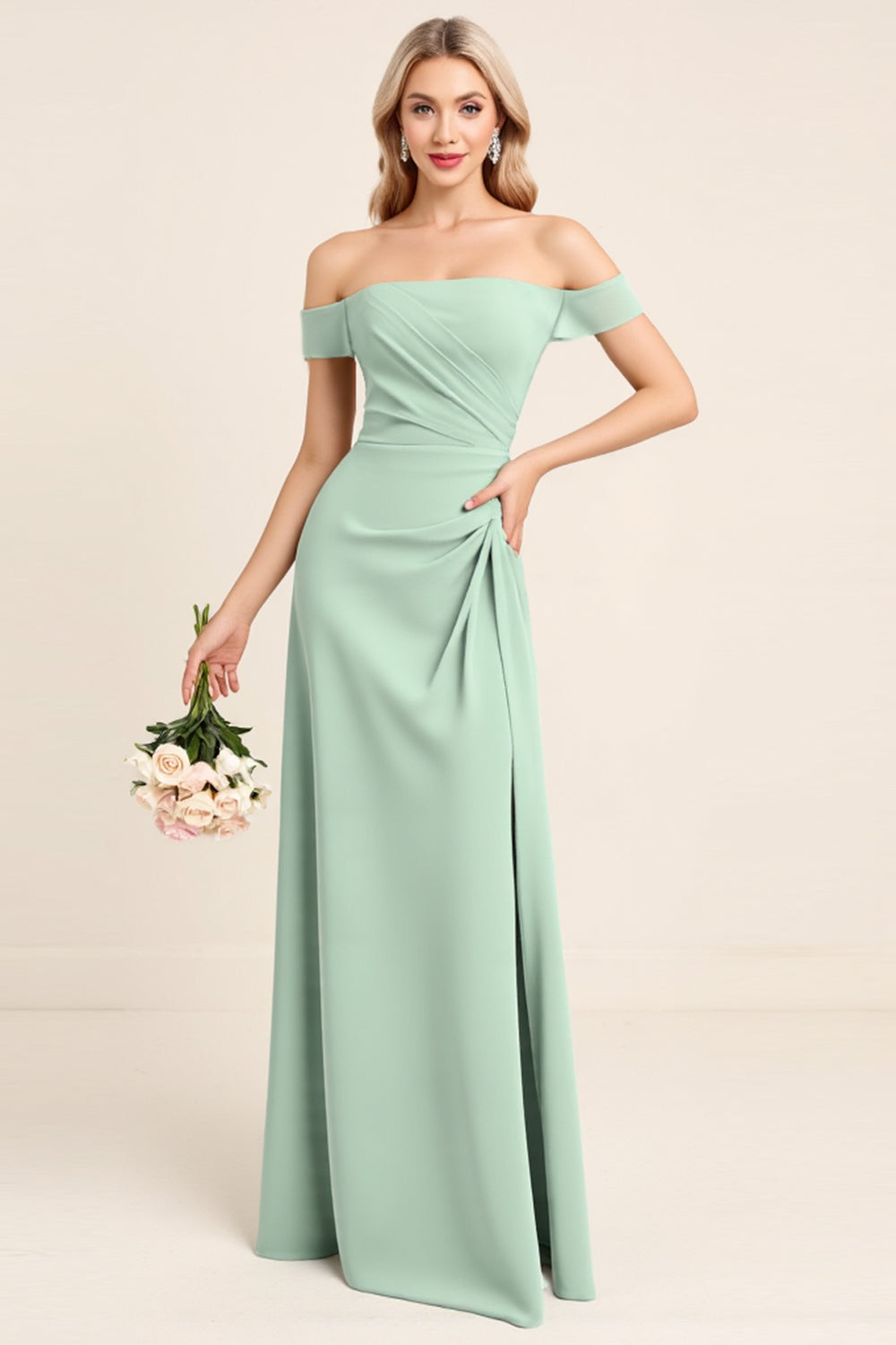 Off the Shoulder Mint Sheath Chiffon Strapless Long Bridesmaid Dress