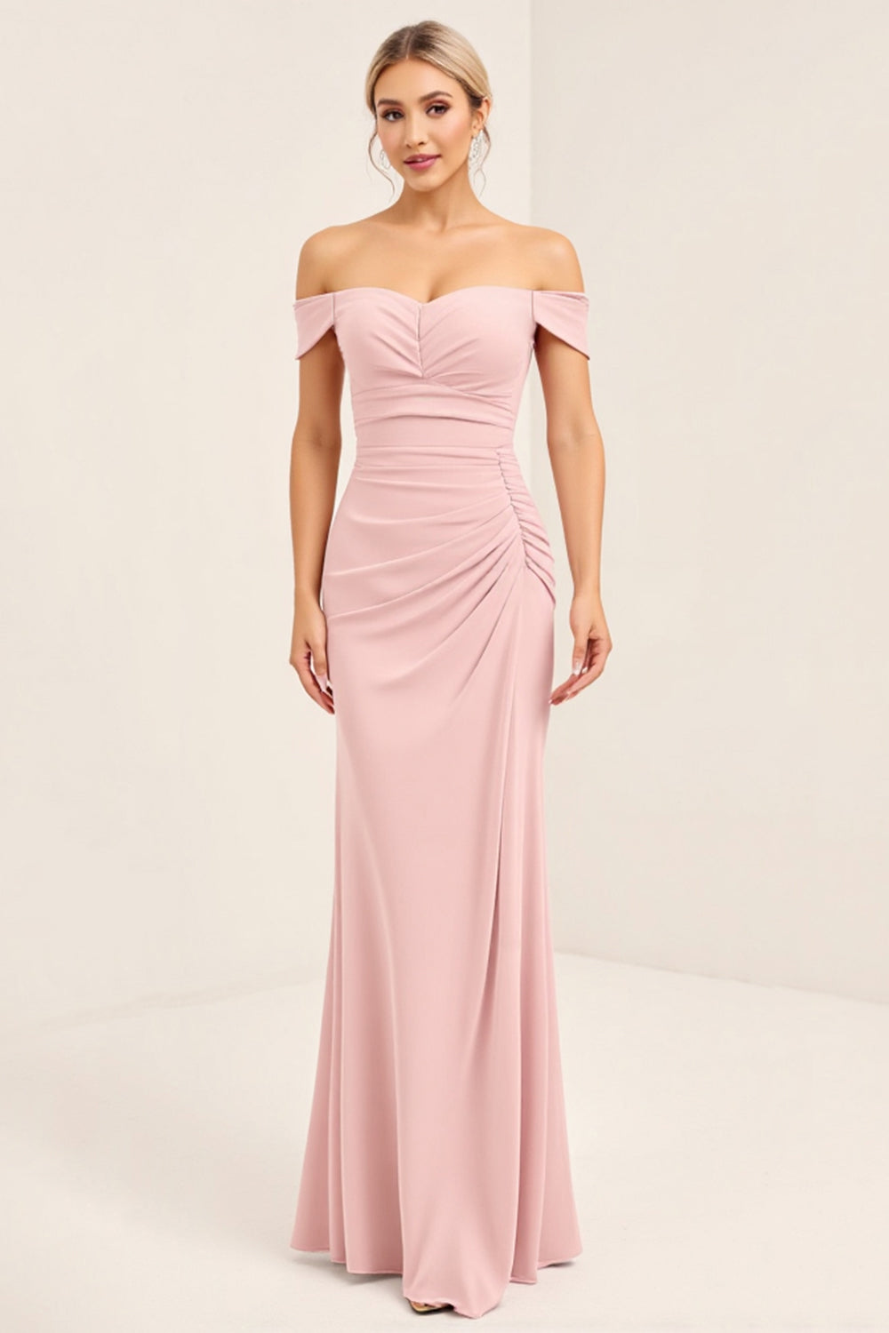 Off the Shoulder Blush Pink Sheath Long Bridesmaid Dress