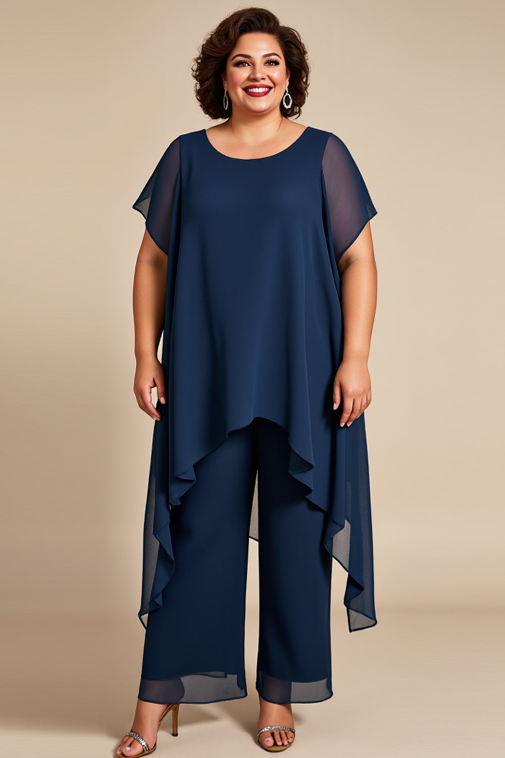 Navy Chiffon Round Neck 2 Piece Plus Size Mother Of The Bride Pantsuit