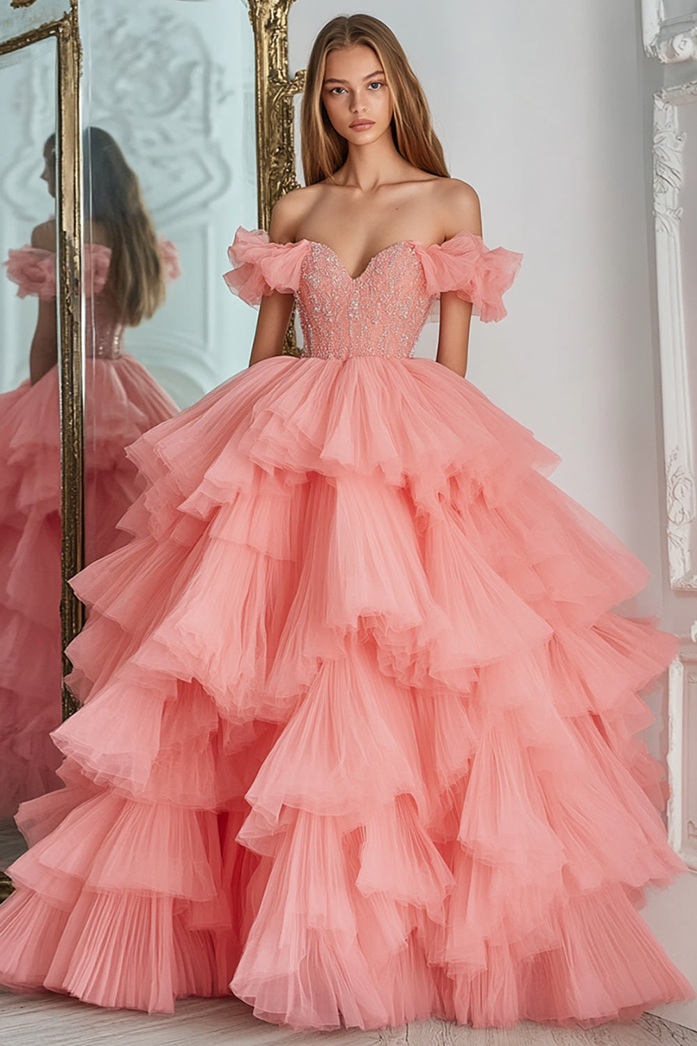 Sparkly Pink Ball Gown Tulle Tiered Long Prom Dress with Ruffles