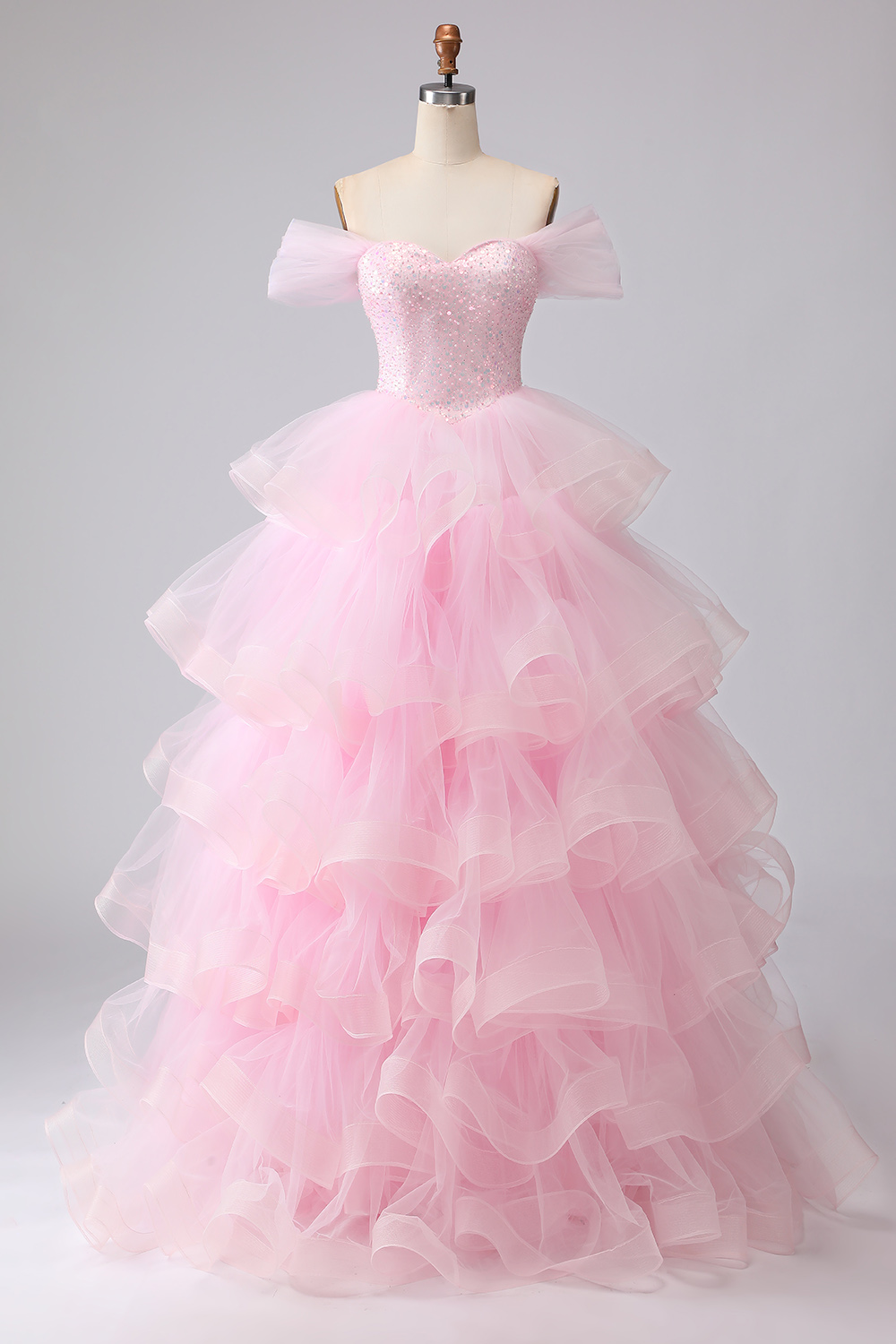Sparkly Pink Ball Gown Tulle Off the Shoulder Tiered Long Prom Dress with Ruffles