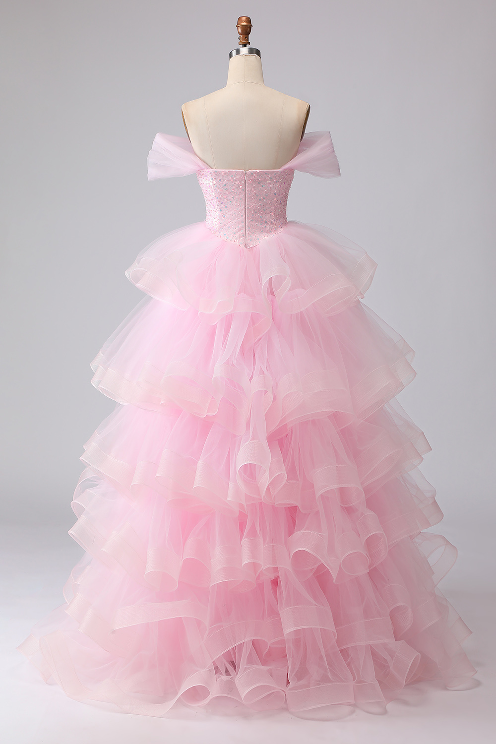 Sparkly Pink Ball Gown Tulle Off the Shoulder Tiered Long Prom Dress with Ruffles