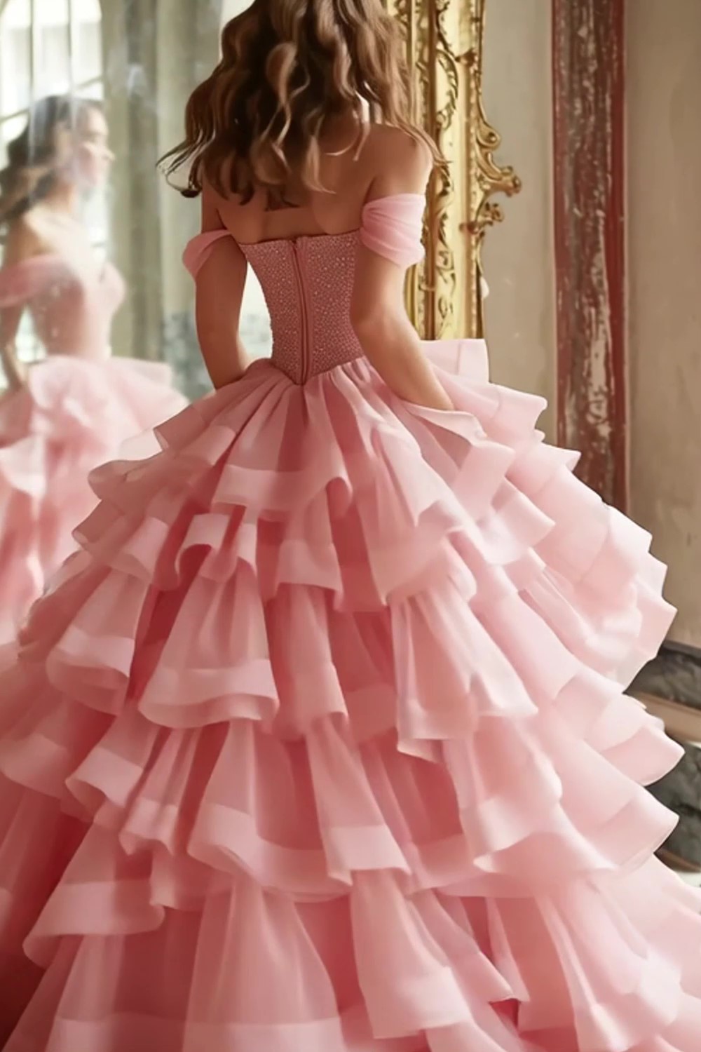 Sparkly Pink Ball Gown Tulle Off the Shoulder Tiered Long Prom Dress with Ruffles