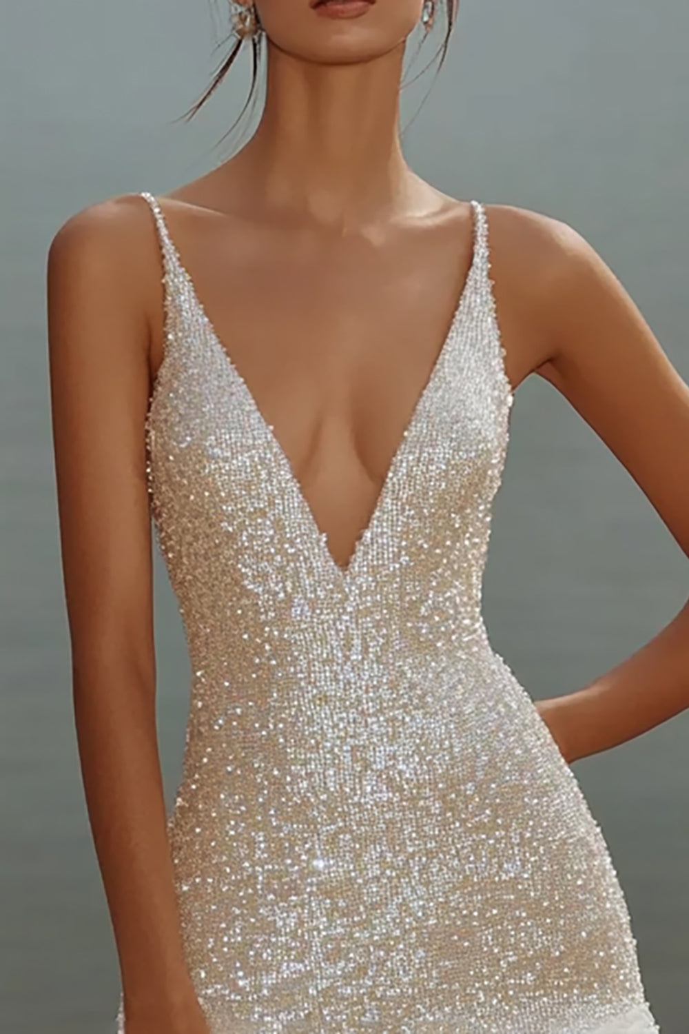 Sparkly White V Neck Bodycon Sequin Ruffled Short Graduation Dress