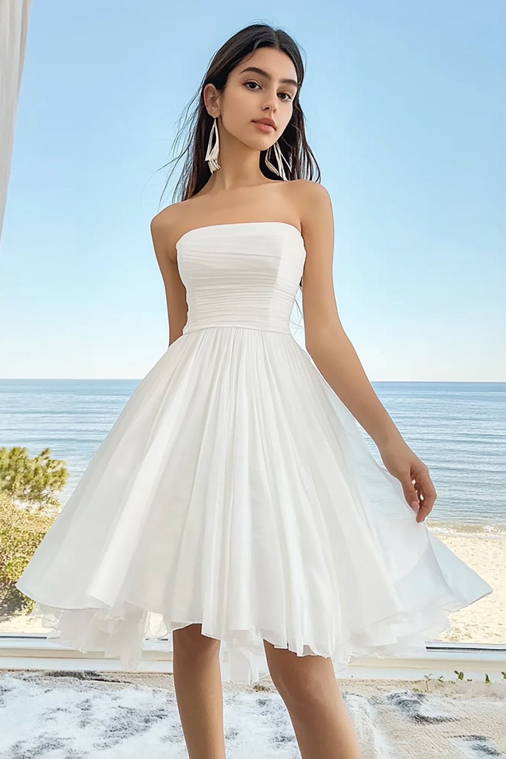 White Chifon A-Line Strapless Midi Graduation Dress