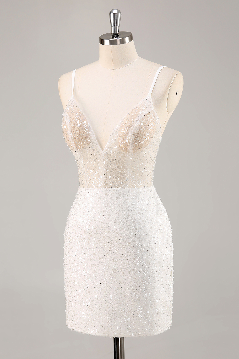 Sparkly White Sequins Bodycon Spaghetti Straps Short Graduation Dress