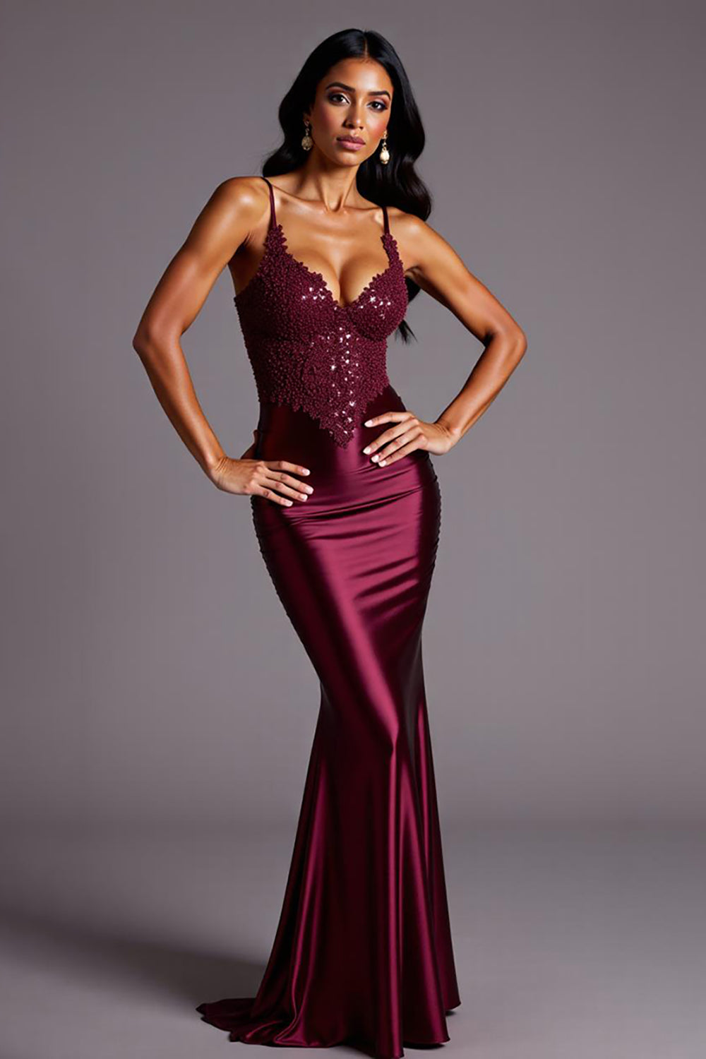 Burgundy Mermaid Satin Spaghetti Straps Long Formal Dress with Lace