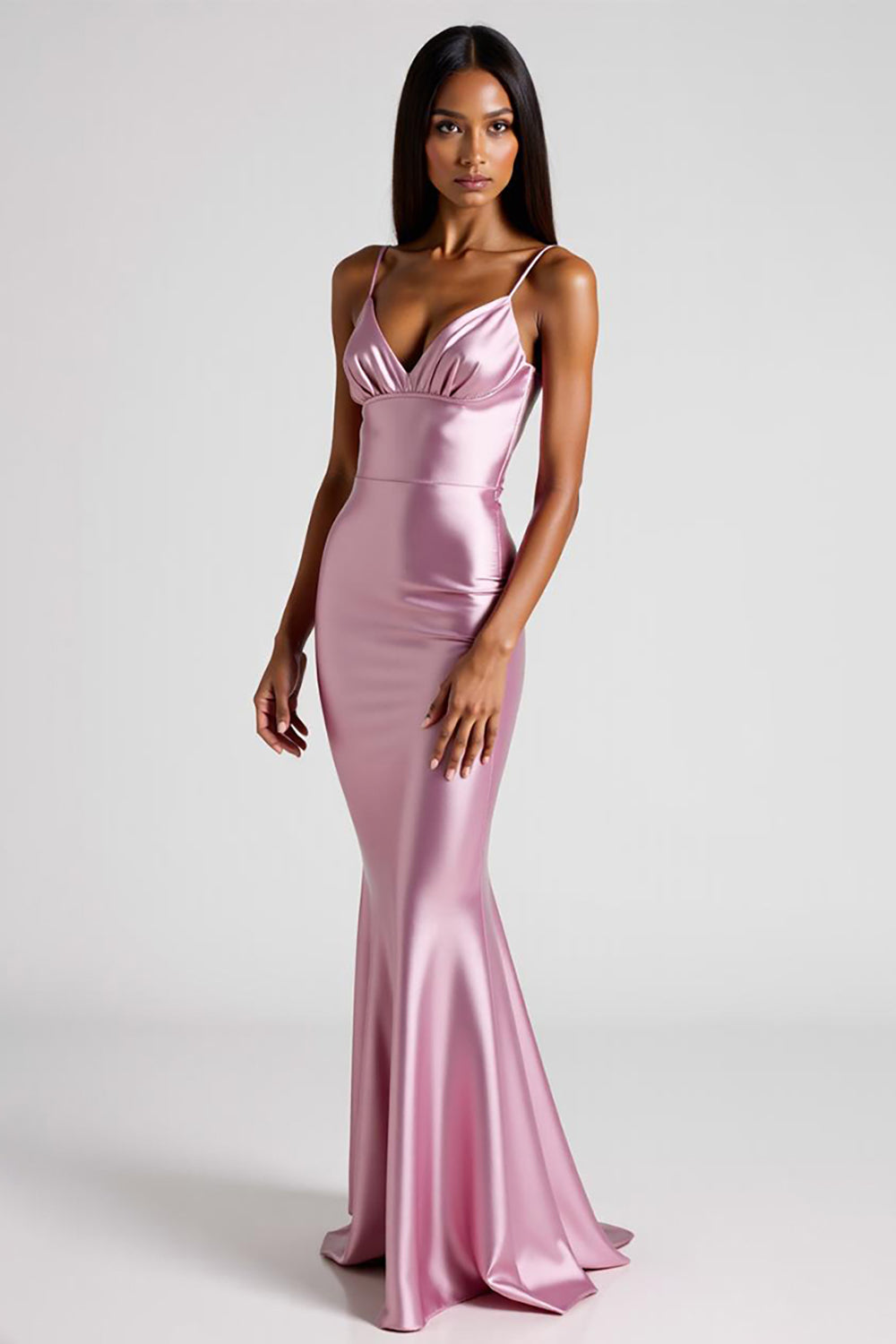 Pink Satin Spaghetti Straps Long Mermaid Formal Dress