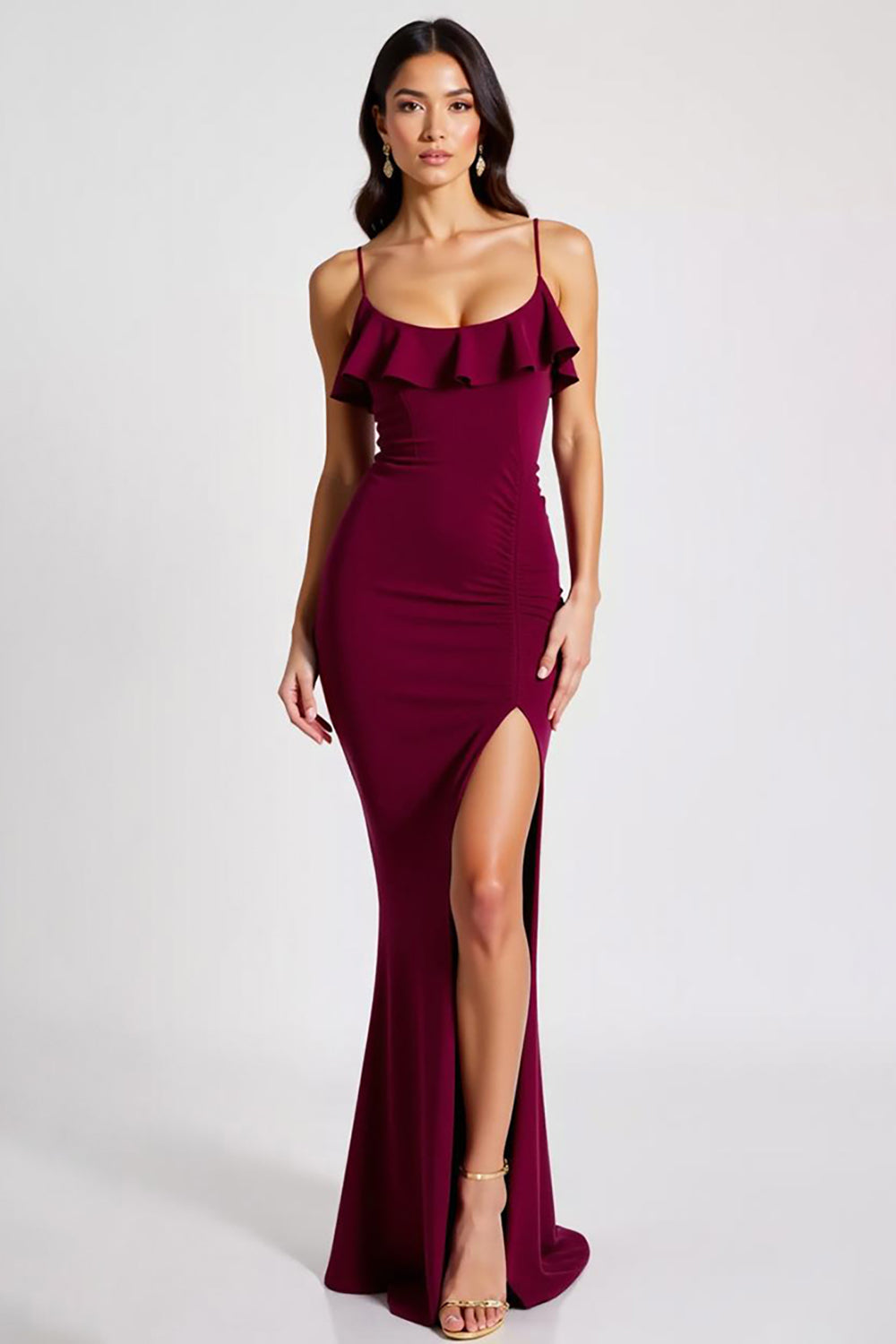 Burgundy Spaghetti Straps Mermaid Crepe Long Formal Dress with Slit