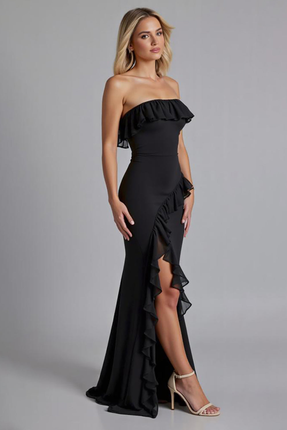 Black Chiffon Off the Shoulder Ruffled Long Formal Dress with Slit