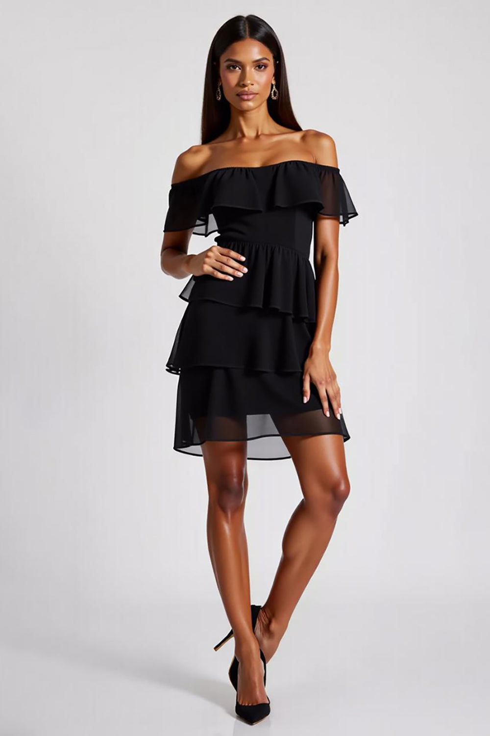 Black Chiffon Off the Shoulder Tiered A Line Short Homecoming Dress
