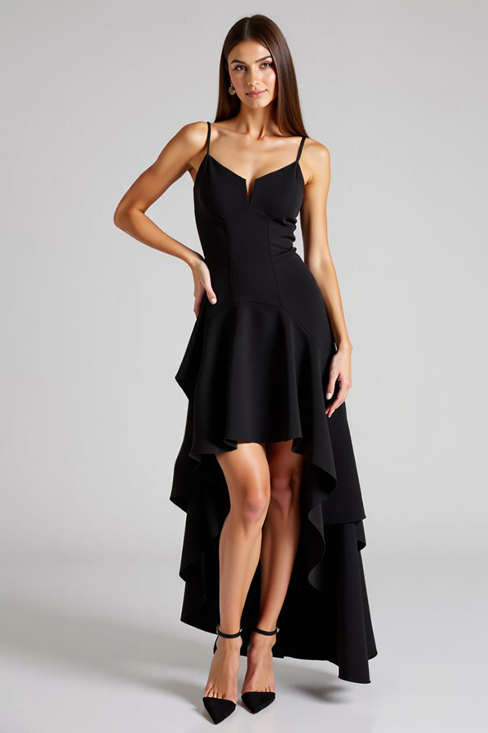 Black Crepe Spaghetti Straps High-Low A Line Formal Dress