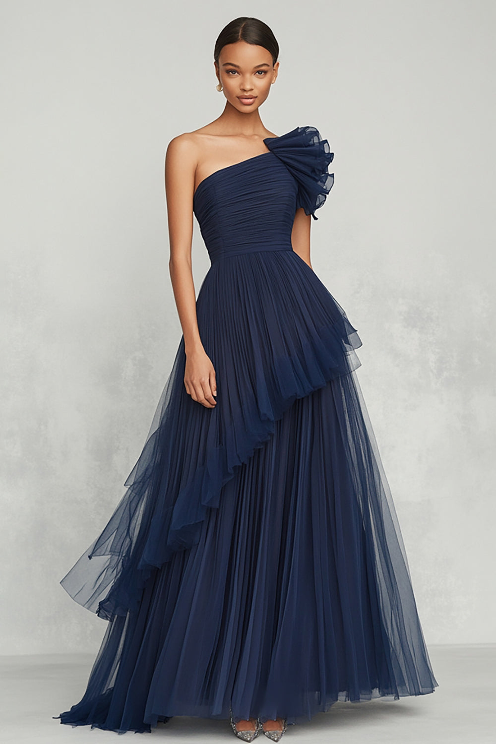 Navy Tulle Ball Gown One Shoulder Pleated Long Formal Dress