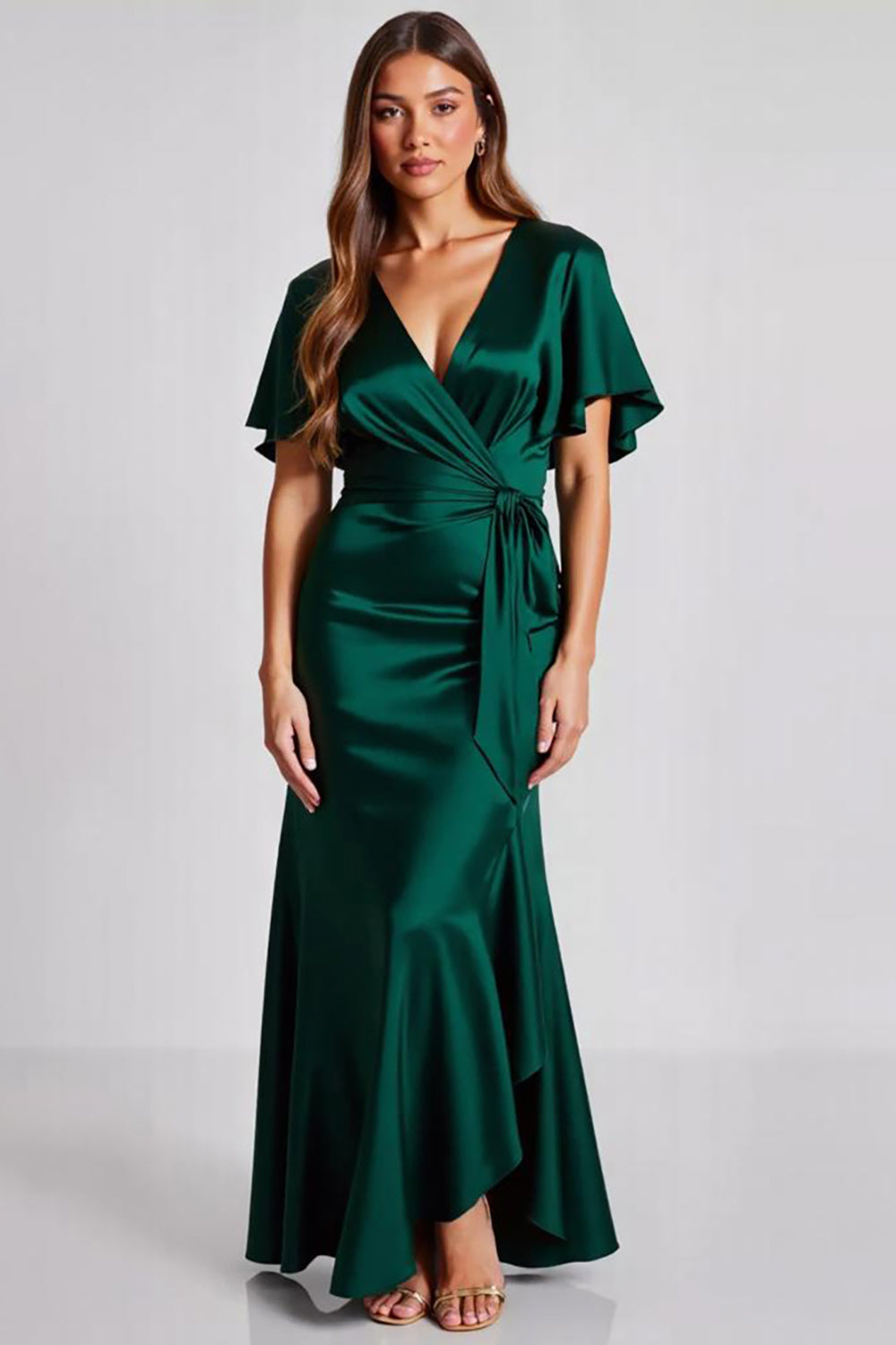 Dark Green Satin Short Sleeves V Neck Sheath Long Formal Dress