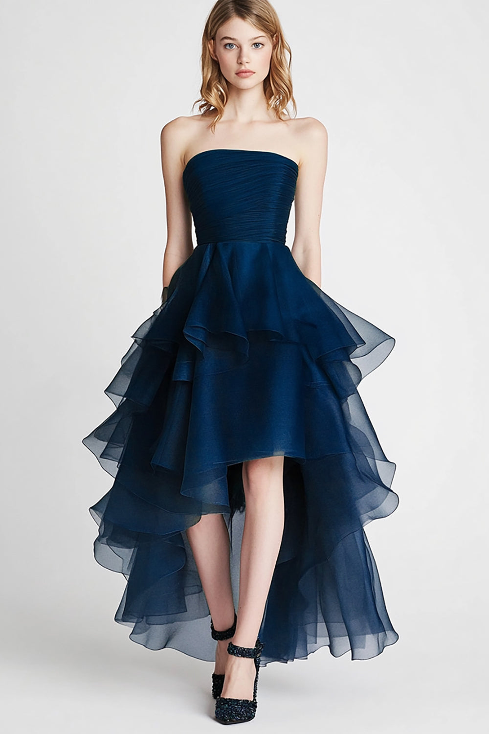 Navy Organza Tiered Strapless A Line High-Low Homecoming Dress