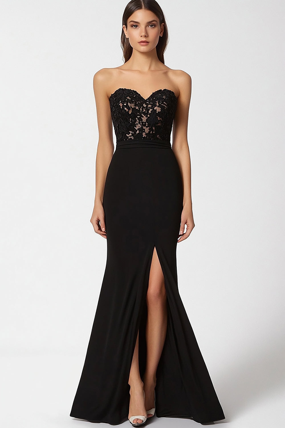 Black Satin Sweetheart Mermaid Long Formal Dress with Slit