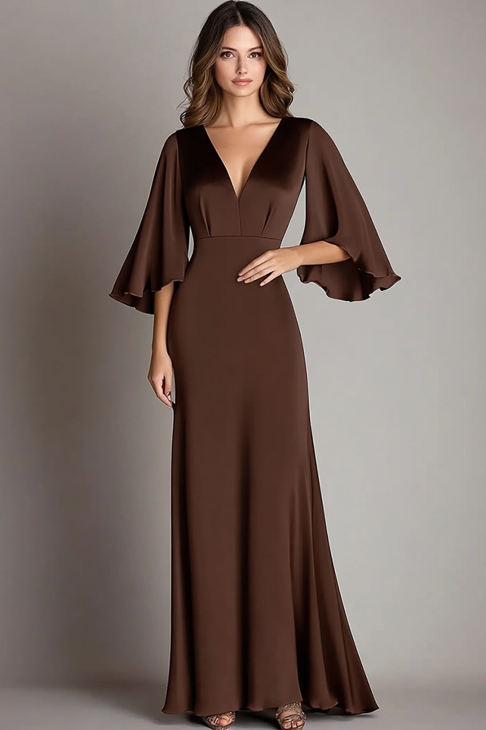 Coffee Satin V Neck Sheath Long Formal Dress with 3/4 Sleeves