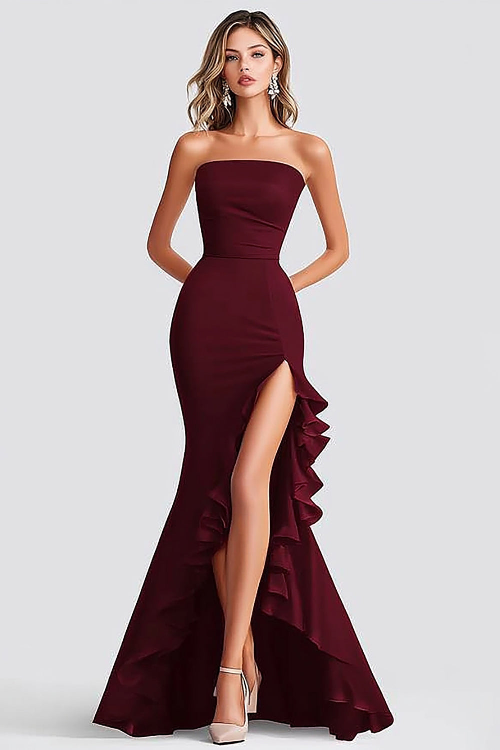 Burgundy Satin Mermaid Strapless Ruffled Long Formal Dress with Slit