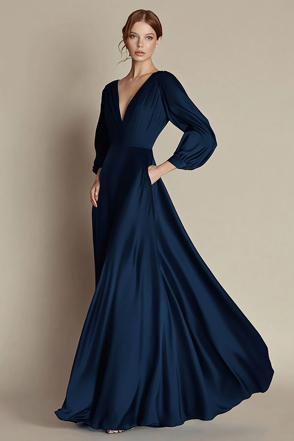Navy V-Neck A Line Satin Long Formal Dress with Long Sleeves