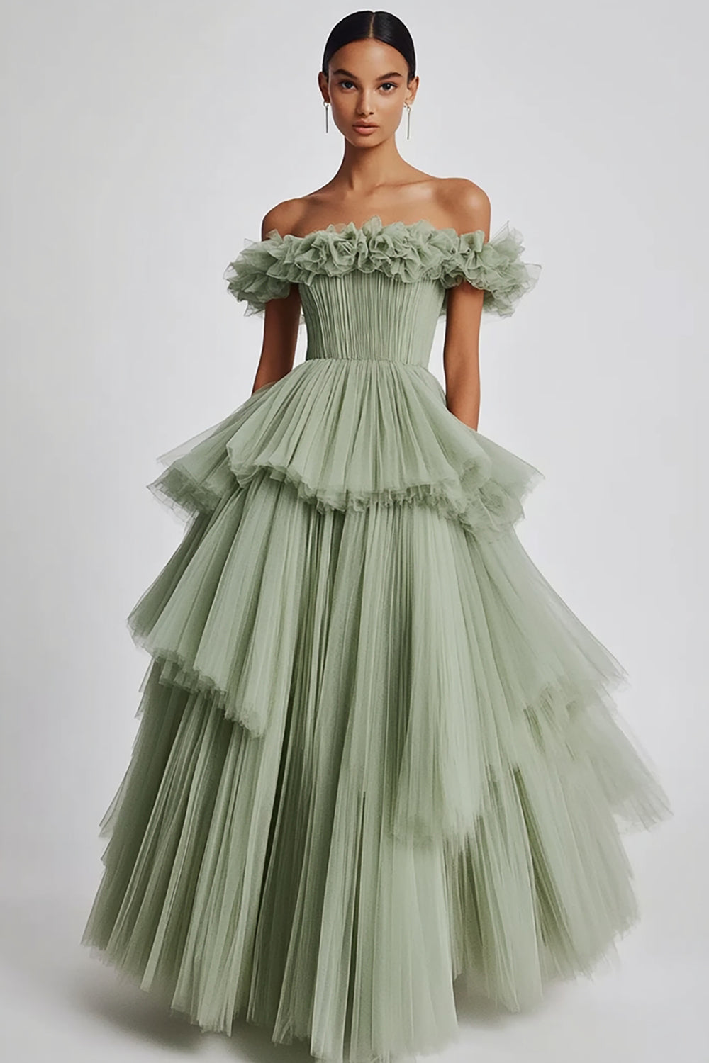 Dusty Sage Tulle Off The Shoulder Ball Gown Formal Dress with Ruffles