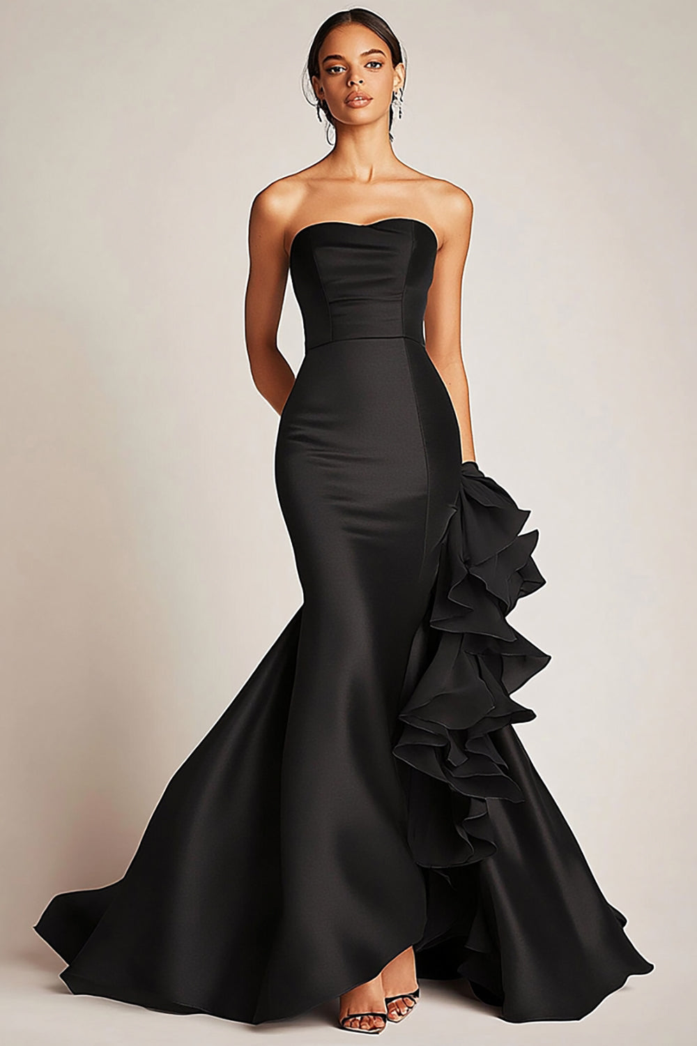 Black Satin Mermaid Strapless Long Formal Dress with Ruffles