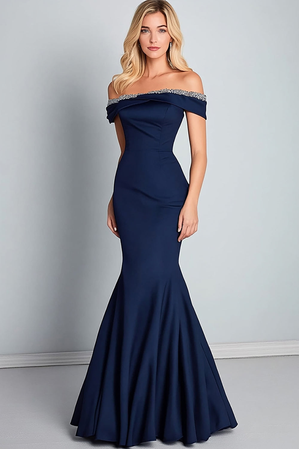 Navy Satin Off The Shoulder Long Mermaid Formal Dress with Beading