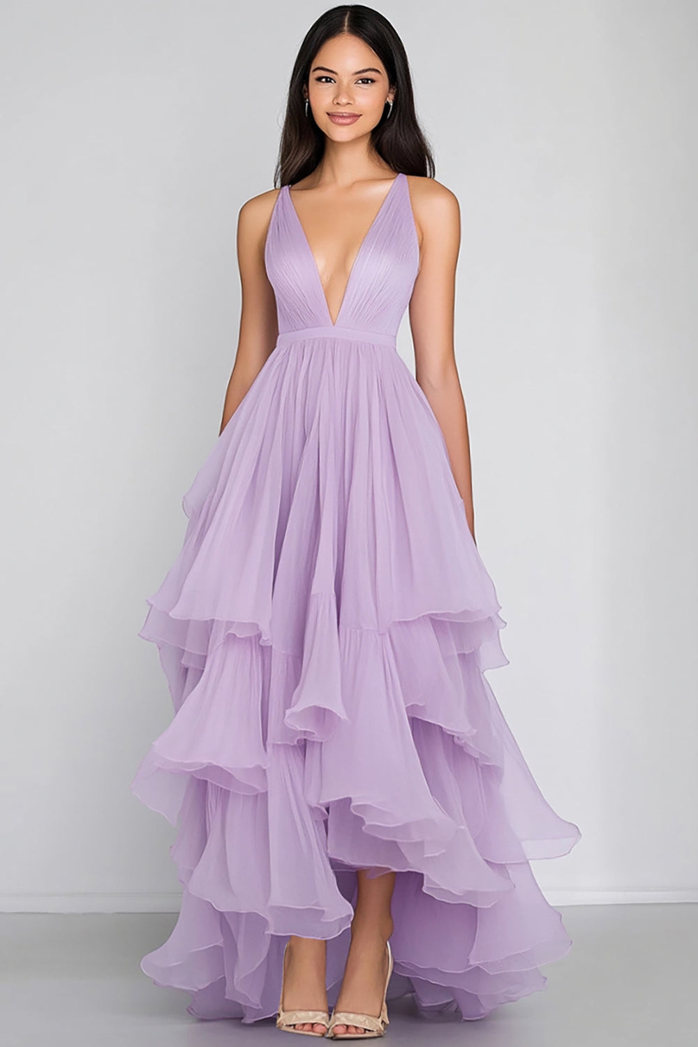 Lilac Tulle A Line Tiered Asymmetrical Long Prom Dress