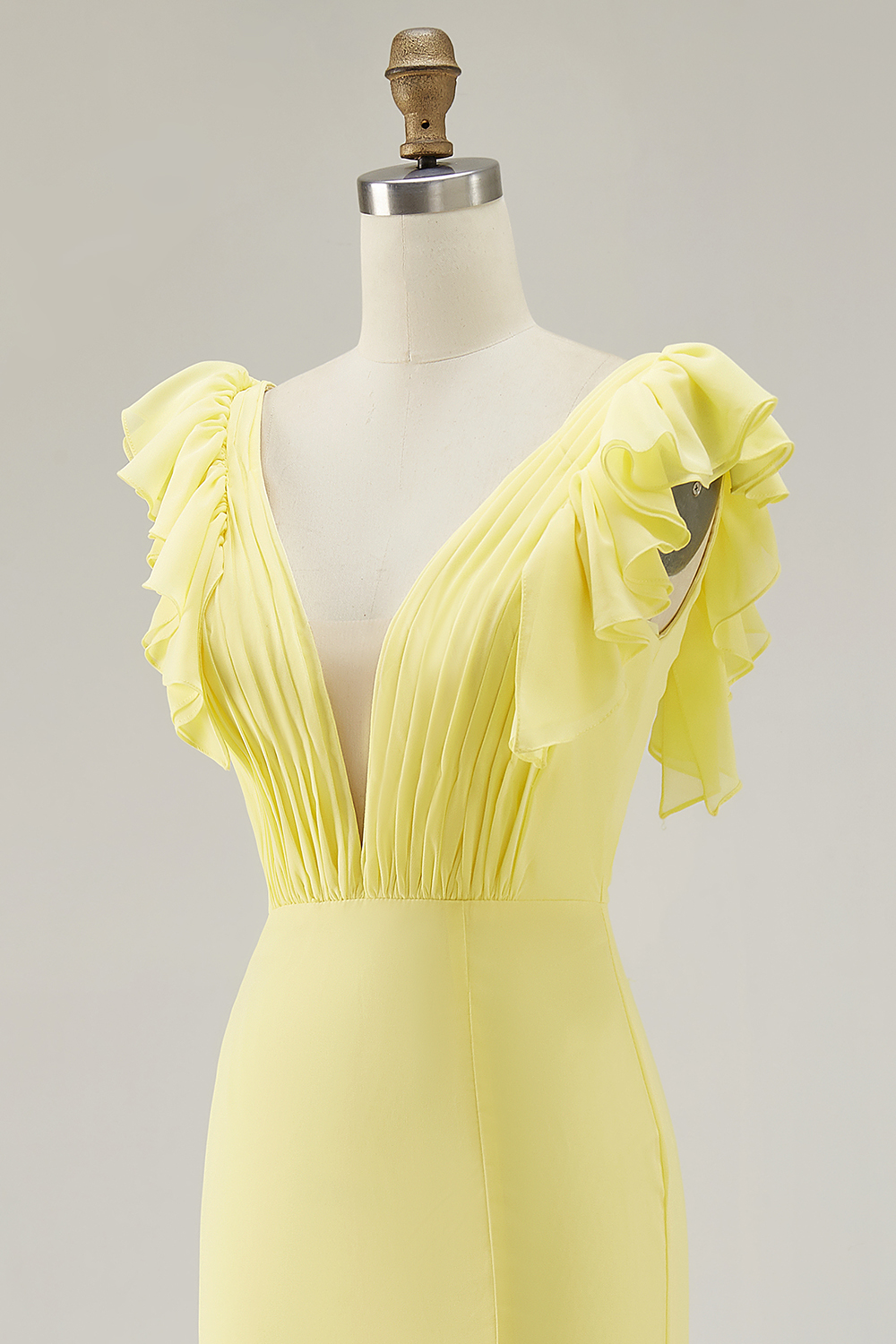 Yellow Chiffon V-Neck Long Mermaid Ruffles Formal Dress with Slit