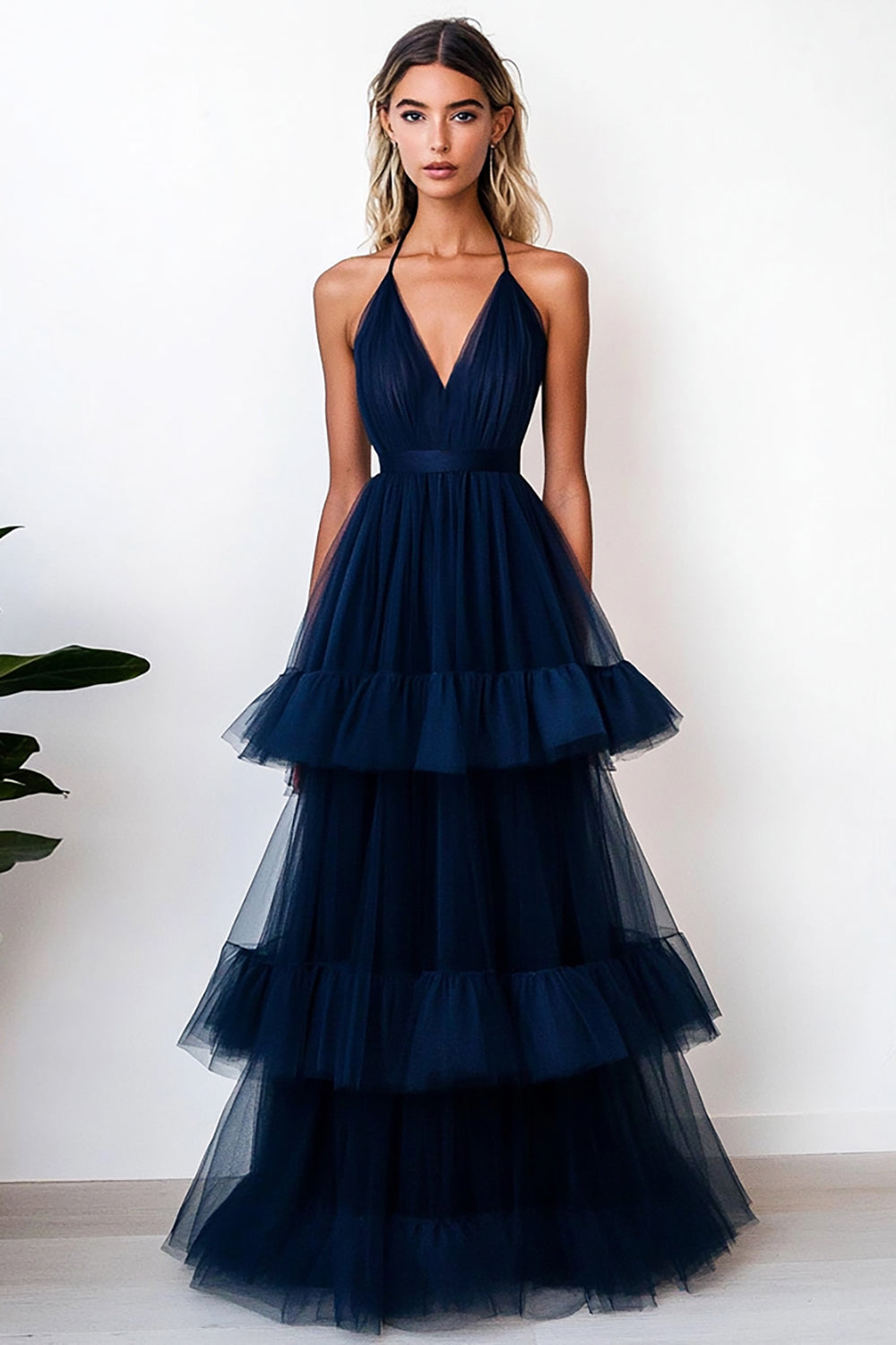 Navy Tulle Halter Long A Line Tiered Formal Dress with Ruffles