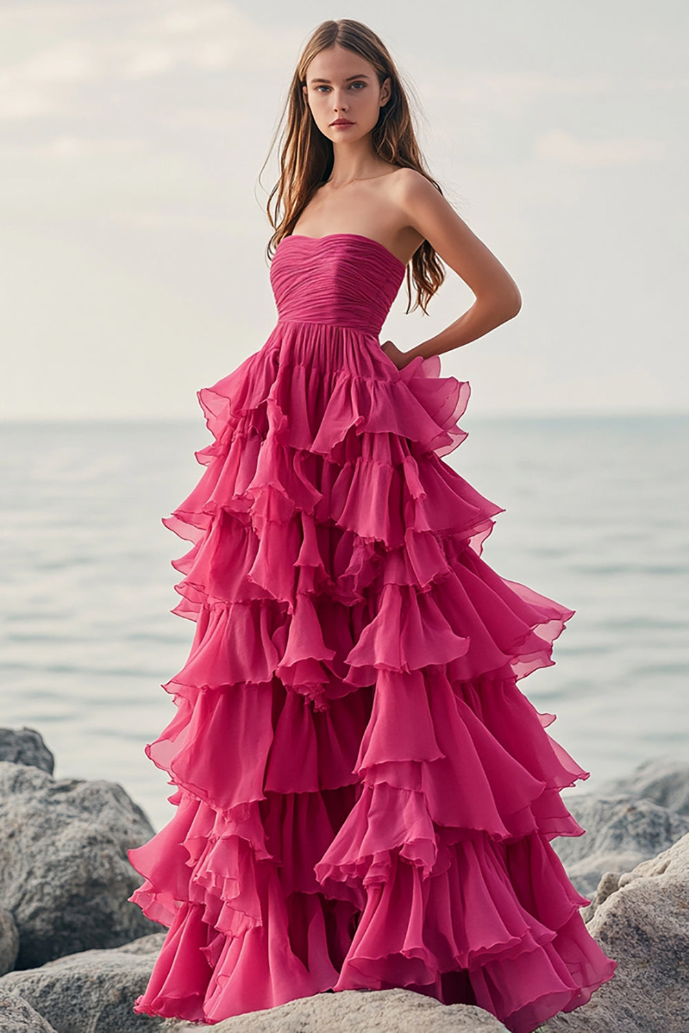 Fuchsia Chiffon Strapless Long Ball Gown Formal Dress with Ruffles