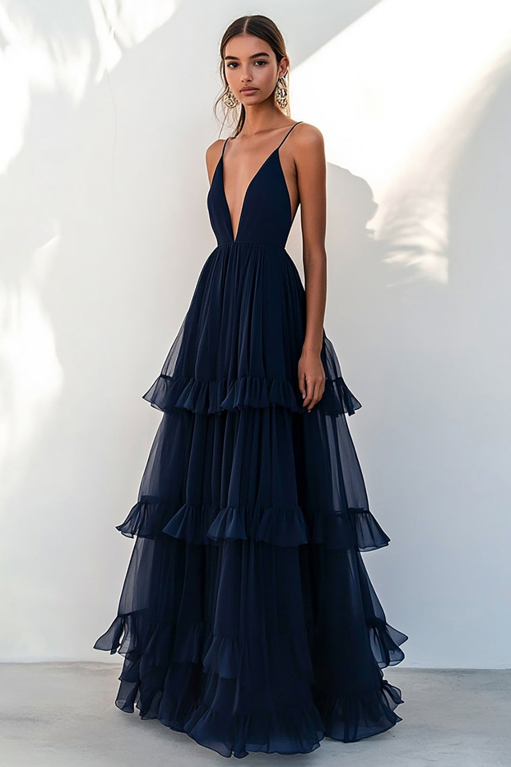 Navy Tulle Spaghetti Straps Tiered A Line Long Formal Dress